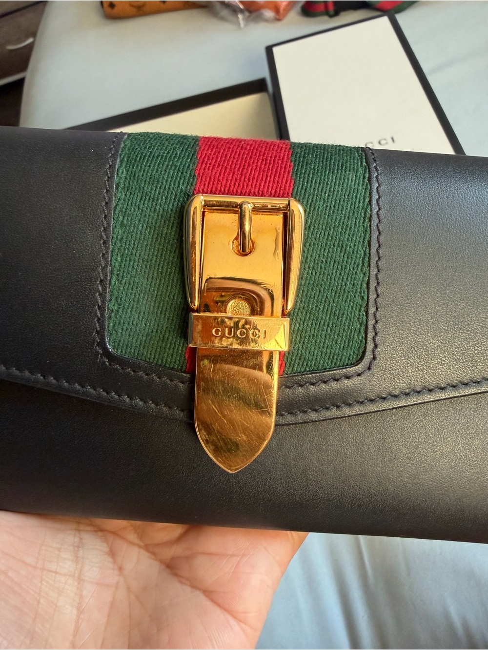 Gucci Black Leather Wallet with Green and Red Web Stripe and Gold Hardware - Picture 2 of 12